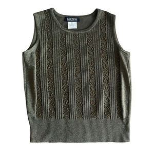 Vintage ESCADA Metallic Olive Green Knit Sweater Sleeveless Pullover Top 38 READ
